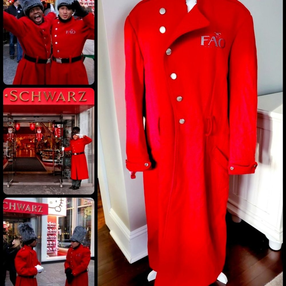FAO Schwarz Vtg Employee Greeter Signature Red Overcoat Full Length Sz L Retired